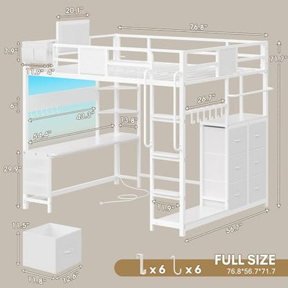 Full Size Loft Bed with Desk and 6 Storage Drawers, Full Loft Bed