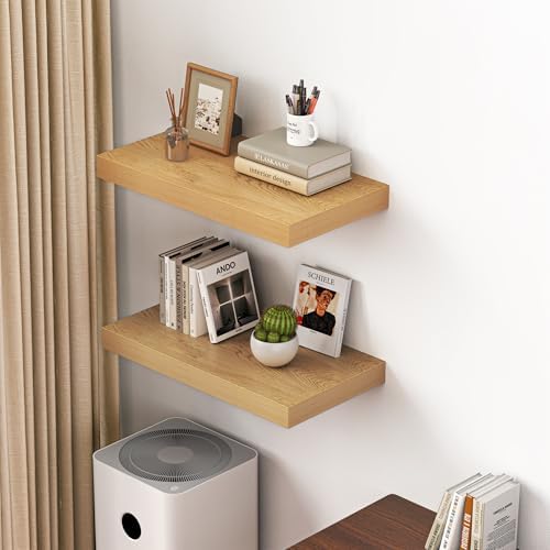Dreamland 24" Floating Shelves for Wall, 12" Deep Thicker Oak Floating Shelves, Wall-Mounted Shelves for Bedroom, Living Room, Kitchen, Bathroom - Set of 2