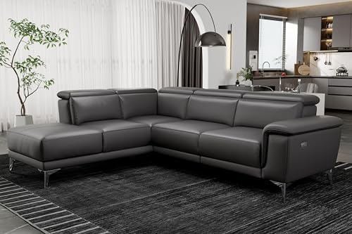 Valencia Pista 113" Cloudy Grey Full Leather Reclining Sectional Sofa with Left Hand Chaise | Power Recliner Chair, Nappa 11000 Leather | L Shaped Couch for Living Room Furniture