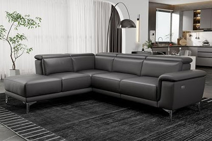 Valencia Pista 113" Cloudy Grey Full Leather Reclining Sectional Sofa with Left Hand Chaise | Power Recliner Chair, Nappa 11000 Leather | L Shaped Couch for Living Room Furniture