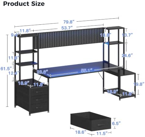 AODK 79 Inch Gaming Desk with Shelves & DIY Pegboard, PC Desk with Drawers