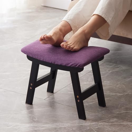 Kitsanery Foot Stool,Ottoman,Bamboo Small Sofa Foot Rest Under Desk,Extra Seating for Living Room, Bedroom and Kitchen (Black Stool Legs - Purple Surface)