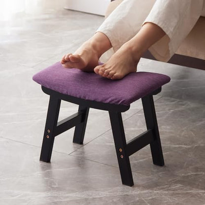 Kitsanery Foot Stool,Ottoman,Bamboo Small Sofa Foot Rest Under Desk,Extra Seating for Living Room, Bedroom and Kitchen (Black Stool Legs - Purple Surface)