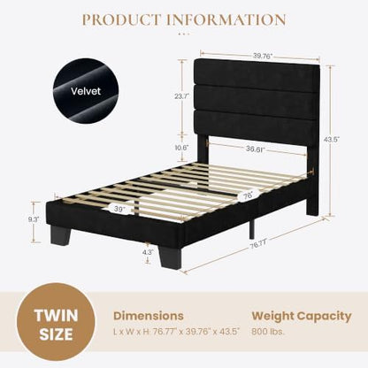SHA CERLIN Twin Platform Bed Frame with Upholstered Velvet Headboard, Black