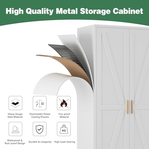 Bevivog 61" Metal Storage Cabinet with Doors and Shelves, Farmhouse Tall Bathroom Cabinets Freestanding, White Metal Pantry Cabinet for Kitchen, Living Room, Home Office