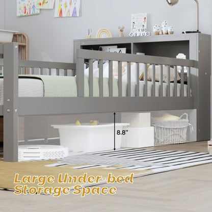Bellemave Kids Twin Bed Frame with Fences, 2 Drawers & Storage Headboard, Twin Size Platform Bed with 3-Side Guardrails for Kids, Girls & Boys, Gray