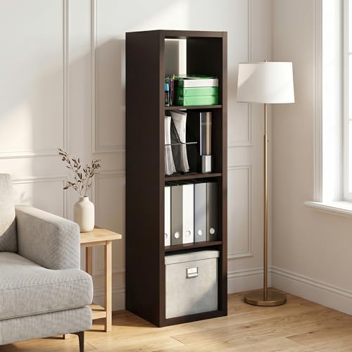 4-Cube Tall Bookshelf, Cubicle Shelf Bookcase with Open Back, Position Reversible Book Shelf, 15 x 16 x 58, for Home Office, Living Room, Dark Oak
