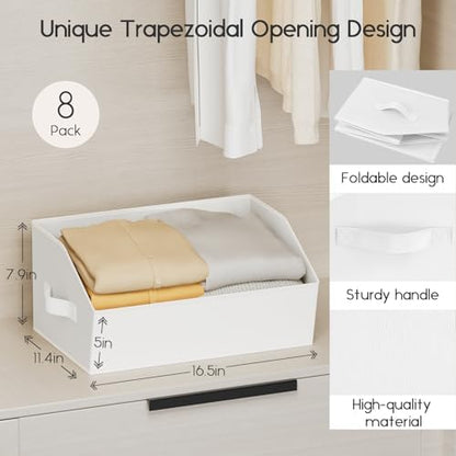 Large Closet Organizers and Storage Bins - 8 Pack Trapezoid Storage Baskets for Shelves, Foldable Fabric Baskets with Handles Ideal for Closet, Basket, Wardrobe and Shelf Storage, White