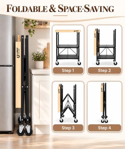 Foldable Kitchen Storage Cart, Solid Oak Top, Locking Wheels