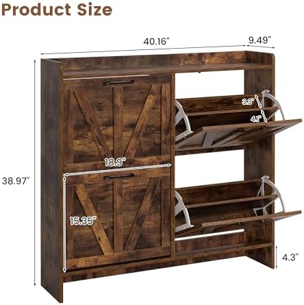 Shoe Storage Cabinet with 4 Flip Drawers, Freestanding Shoe Cabinet with Wooden Legs, Farmhouse Shoe Rack Cabinet for Entryway, Hallway, Rustic Brown