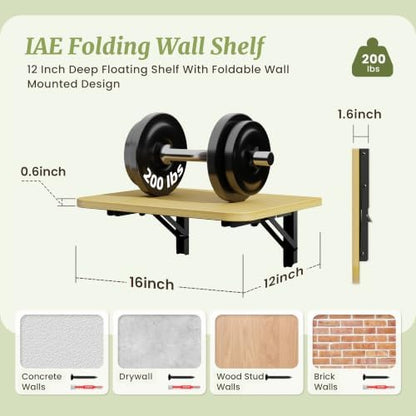 IAE 16 Inch Fold Natural Floating Wall Shelves,12 Inch Deep Wood Wall Shelf