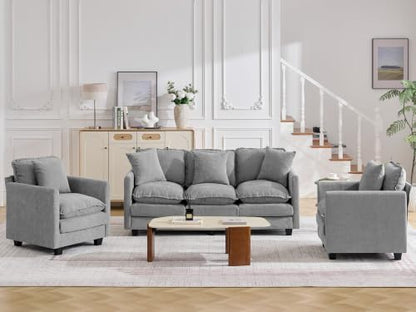 Cloud 3 Pieces Sofa Set, 1+1+3 Seater Couch, Modern Sofas Sets with Deep Seat, Modular Sectional Couches Sets for Living Room, Bedroom, Small Apartment, Light Grey