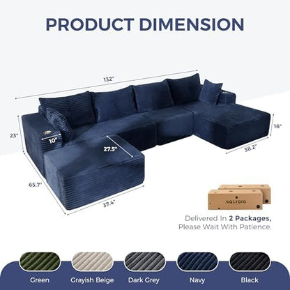 MAXYOYO Boneless Couch, 132" U-Shaped Modular Sofa, Right-Facing Chaise