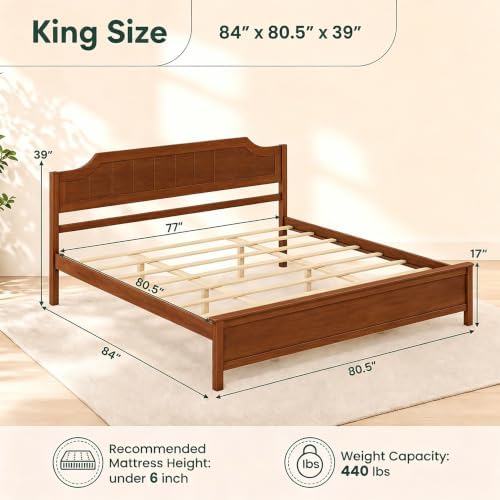 KOMFOTT King Size Bed Frame with Headboard, Wood Platform Bed (Walnut)