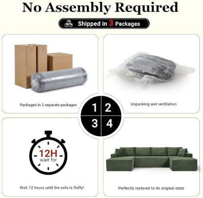 134 inch Boneless Couch, U-Shaped Modular Sectional Sleeper Sofa, Green