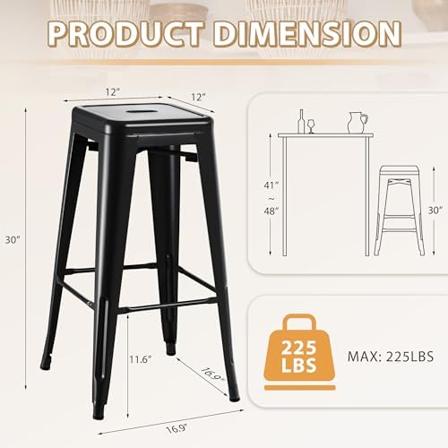 Furmax 30'' Metal Bar Stools Set of 4, Stackable for Indoor Outdoor, Black