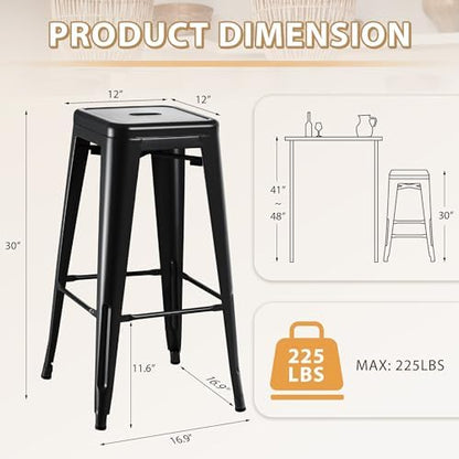 Furmax 30'' Metal Bar Stools Set of 4, Stackable for Indoor Outdoor, Black