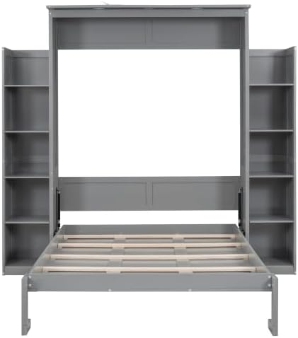 MERITLINE Full Murphy Bed with Storage Shelves and LED Lights, Wood Murphy Wall Bed Cabinet with Bookshelves Bookcase for Home Office Library Grey (Grey A,Full)