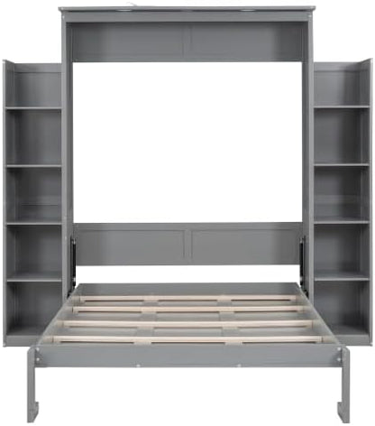 MERITLINE Full Murphy Bed with Storage Shelves and LED Lights, Wood Murphy Wall Bed Cabinet with Bookshelves Bookcase for Home Office Library Grey (Grey A,Full)