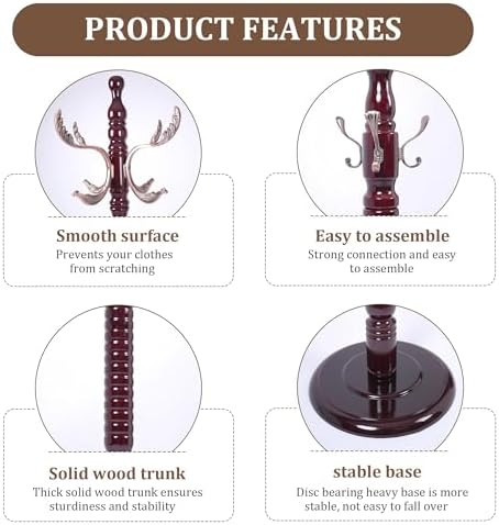Wooden Coat Rack Freestanding with Round Base, 18 Hooks, Walnut-m