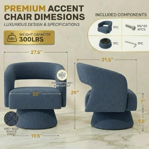 Swivel Accent Chair Set of 4,Mid-Century Barrel Chair(Blue-teddy Fabric)