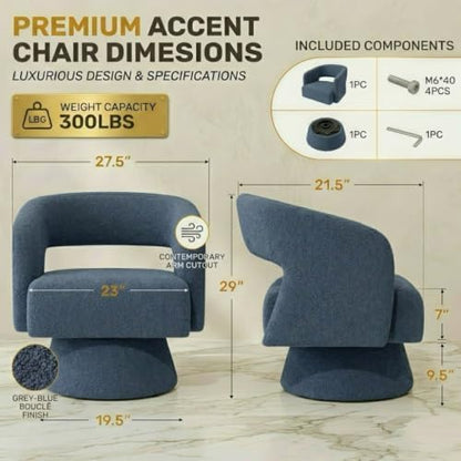 Swivel Accent Chair Set of 4,Mid-Century Barrel Chair(Blue-teddy Fabric)