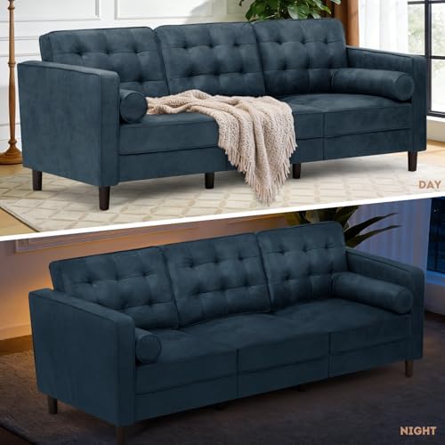 84" Suede Leather Sofa with 2 Soft Pillows, Blue
