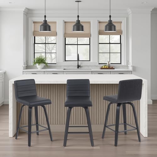 Armen Living Vienna Modern Counter Height Swivel Bar Stool with Black Faux Leather Seat and Black Brushed Wood Frame Set of 3