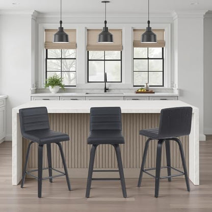 Armen Living Vienna Modern Counter Height Swivel Bar Stool with Black Faux Leather Seat and Black Brushed Wood Frame Set of 3
