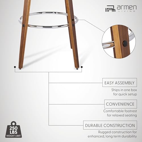 Armen Living Sonia 26" Counter Height Swivel Gray Faux Leather and Walnut Wood Bar Stool