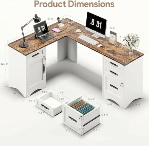 Decofy 67" Farmhouse L Shaped Standing Desk with Drawers Home Office Executive Desks with Fast Charging Station, Lockable File Cabinet, Wood Writing Computer Desk for Work, Study, White