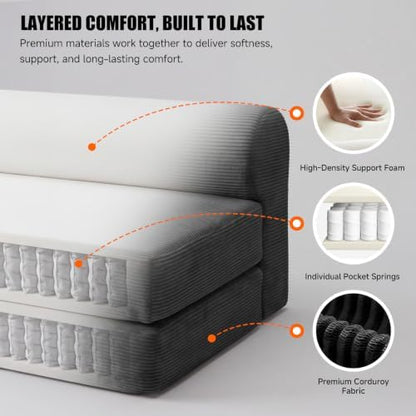 59" Convertible Sofa Bed, Corduroy Loveseat Sleeper Sofa with Pocket Springs, Foldable Floor Futon Couch with Removable Machine-Washable Cover, 2 Pillows, No Assembly, Black