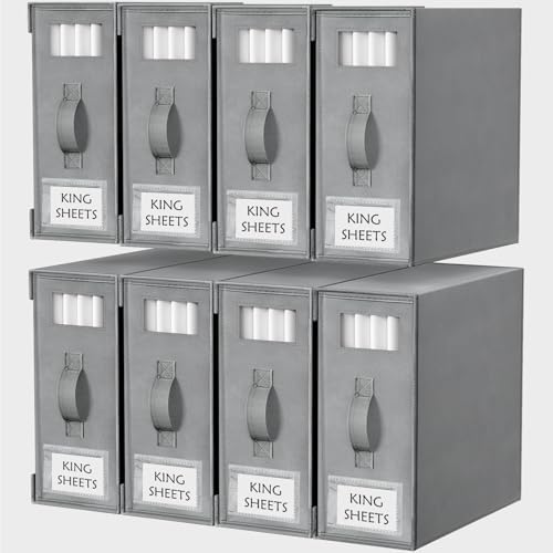 Bed Sheet Organizers and Storage, 8 Pack Foldable Linen Closet Organizer Box – Bedding Holder for Sheet Set (King/Queen Sizes), Duvet Covers, Blankets (Grey)