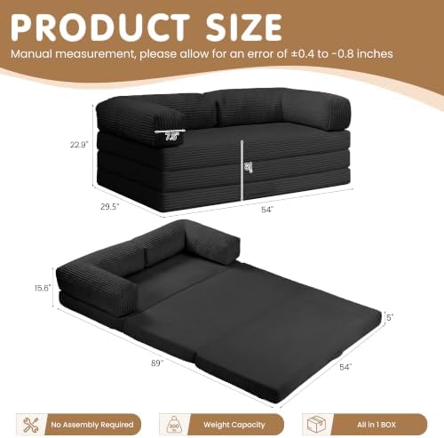 Convertible Sofa Bed Full,5-in-1 Tri-Fold Boneless Couch with Removable Armrests & Handle,Corduroy Futon Sleeper Sofa,Floor Folding Mattress Pull Out Bed for Small Space Apartment Bedroom Black