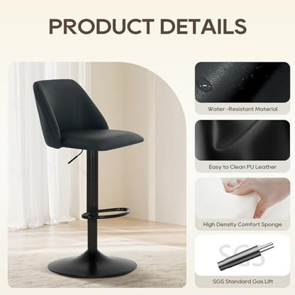 COLAMY Bar Stools Set of 1, Modern Swivel Bar Chairs, Adjustable PU Leather Upholstered Barstools Counter Height with Square Open Back for Bar, Kitchen Island, Dining Room, Black