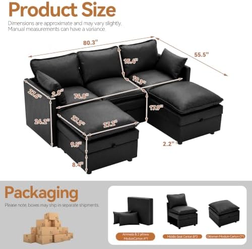 Modular Sectional Storage Sofa, 80" Deep Seat U-Shaped Couch, Pu Black