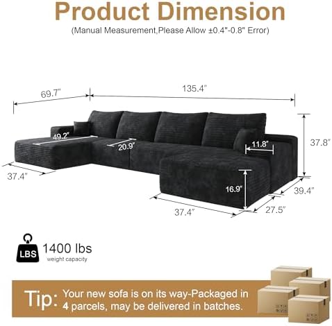 96" Sectional Couches for Living Room Cloud Couch Sofa with L-Shape Upholstered Boneless Couchs Modern Modular Sectional Couch with Chaise (Black, 136.1" U Shape with Left Facing Chaise)