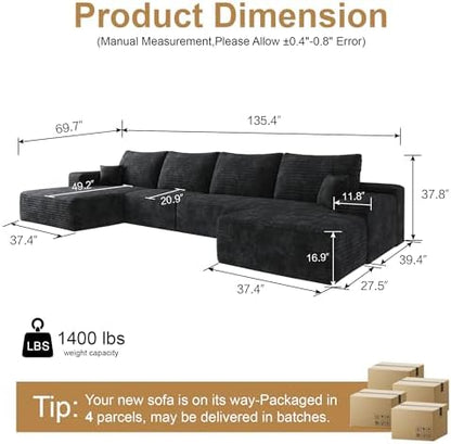 96" Sectional Couches for Living Room Cloud Couch Sofa with L-Shape Upholstered Boneless Couchs Modern Modular Sectional Couch with Chaise (Black, 136.1" U Shape with Left Facing Chaise)