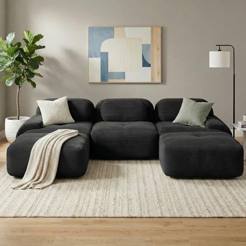 117" Corduroy Modern Sectional Couch, Boneless Couch, Compact sofa, Black