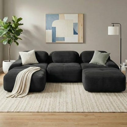 117" Corduroy Modern Sectional Couch, Boneless Couch, Compact sofa, Black