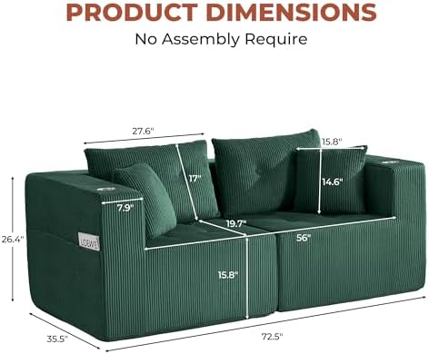 73" Loveseat Modular Sectional Sofa, Oversized 2-Seater Boneless Tufted Cloud Couch with Cup Holder, Corduroy Upholstery Small Couches for Living Room, No Assembly Green