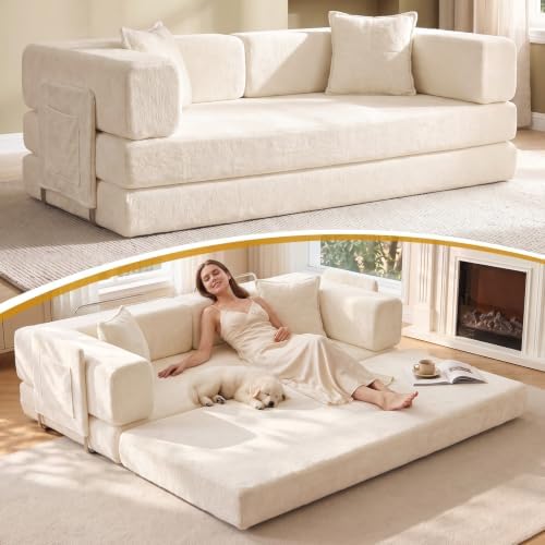 79" Futon Sleeper Sofa Bed, Boneless Couch for Living Room，White