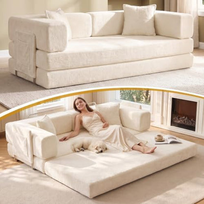 79" Futon Sleeper Sofa Bed, Boneless Couch for Living Room，White