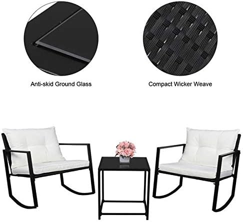 3 Pieces Patio Furniture Set, Outdoor Swivel Gliders Rocker, Glass Top Side Table and Thickened Cushions for Porch Deck Backyard (Black Vine)