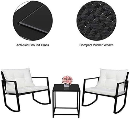 3 Pieces Patio Furniture Set, Outdoor Swivel Gliders Rocker, Glass Top Side Table and Thickened Cushions for Porch Deck Backyard (Black Vine)