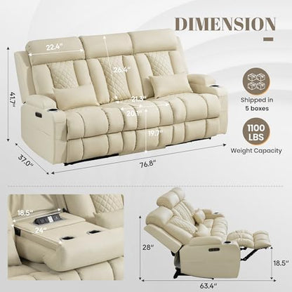 Zero Wall Hugger Power Reclining Sofa with Adjustable Headrest, Electric Reclining Couch with Drop-Down Table,Outlets, Power Loveseat Recliner Sofa for Living Room (PU Beige, 3 Seat)