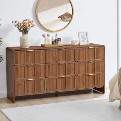 9 Drawer Dresser for Bedroom, Modern Chest of Scalloped Drawer, Walnut
