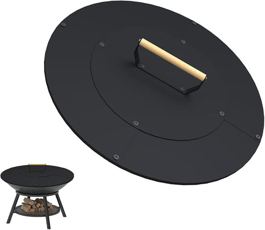 20" Wooden-Handle Fire Pit Lid for Pits up to 18", Round Metal Bonfire Pit Burner Pan Cover, Smokeless Fire Pit Cover for Fire Tables, All-Weather Resistance Outdoor Firepit Accessory