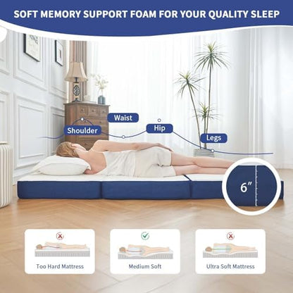 Foldable Mattress Full Size, 6" Trifold Mattress Futon Murphy Bed,White
