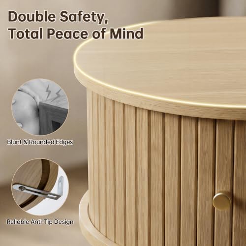Afuly Round Side Table Small Oak Fluted End Table with Cabinet Living Room